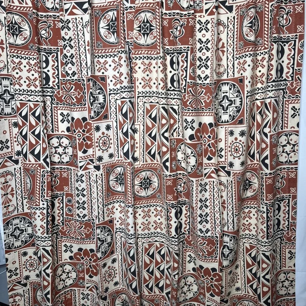 Vintage 1960s MCM Abstract Pleated Curtains Drapes Rust Black Mod Set 6